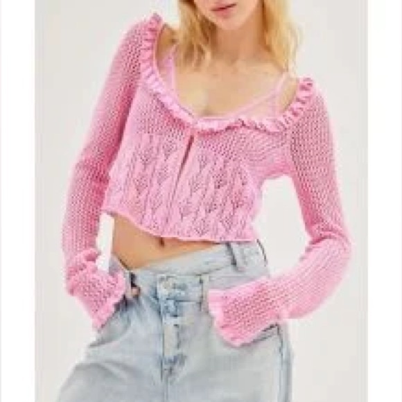 Urban Outfitters Sweaters - Urban Outfitters Lily Open Knit Flyaway Cardigan Pink Cropped Shrug Sweater S